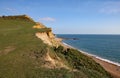 Cliffs at the the English town of Seatown in Dorset on the Jurassic coast. On the coastal path between Charmouth and West Bay. Royalty Free Stock Photo