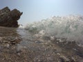 Cliffs, frothy waves lapping on the shore Royalty Free Stock Photo