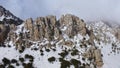 Aerial view of the snow-capped peaks of the mountains in the interior of Alicante. Royalty Free Stock Photo