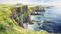 Cliffs Of Ireland: Majestic Watercolor Painting Of Ocean And Landscape