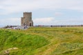 Cliffs of Moher, Ireland - July 7, 2007: Tourists visiting O`Brien`s Tower at The Cliffs of Moher in Ireland