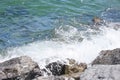 cliffs on the seashore and waves splashing on the rocks. Royalty Free Stock Photo
