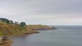 Cliffs with shrubs and trees over a beach along rock coast of howth , ireland