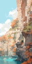 Cliffside Village With Fall Colors: A Gentle And Detailed Illustration