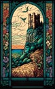 Clifftop tower fantasy castle high above the sea, arts and crafts style. Generative AI