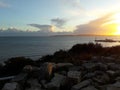 Clifftop view of sunset over Bournemouth Coast and Pier, Dorset, UK