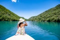 cliffy rocks of Verdon Gorge at lake of Sainte Croix, Provence, France, Provence Alpes Cote d Azur, blue green lake with