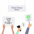 Climate change banner. Demonstrating concept, People protesting against climate change. Hands holding posters of Protesters to