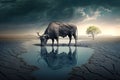 climate change with buffalo in the middle of a water on the arid land