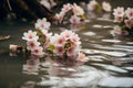 Climate change concept with cherry tree spring flowers drowning in flood