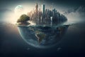 Climate change concept. Flood illustration. Flooded city on the planet. Generative AI