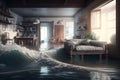Climate change concept. Flood illustration. Flooded house inside. Generative AI