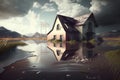 Climate change concept. Flood illustration. Flooded street in town. Generative AI