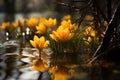 Climate change concept with yellow crocus spring flowers drowning in flood