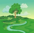 Before climate change desertification illustration. Global environmental problems. Hand drawn nature landscape with tree Royalty Free Stock Photo