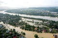 Climate change and the effects of global warming. Flooded village, farms and fields after heavy rains. Environmental natural