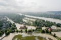 Climate change and the effects of global warming. Flooded village, farms and fields after heavy rains. Environmental natural