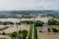 Climate change and the effects of global warming. Flooded village, farms and fields after heavy rains. Environmental natural