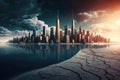 Climate change in front of athe skyline of a futuristic city created with generative AI technology Royalty Free Stock Photo