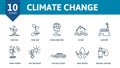 Climate Change icon set. Collection of simple elements such as the sapling, ecology, world melting, flood, save water