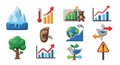 Climate change icons representing global warming melting ice forests pollution growth Royalty Free Stock Photo