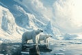 climate change illustration, visual representation of climate change polar bears stranded on melting ice, glaciers in Royalty Free Stock Photo