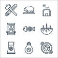 Climate change line icons. linear set. quality vector line set such as earth, light bulb, nuclear plant, drought, fishbone, fuel