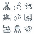 Climate change line icons. linear set. quality vector line set such as oil spill, urban, tire, hydro power, car, drought, hermit