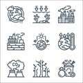 climate change line icons. linear set. quality vector line set such as trash, dead tree, carbon dioxide, global warming, house Royalty Free Stock Photo