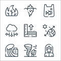 climate change line icons. linear set. quality vector line set such as mask, windstorm, tsunami, solar, tide, hail, pollution,