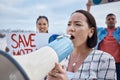 Climate change, megaphone and Asian woman protest with crowd protesting for environment and global warming. Save the