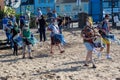 Climate change protestors on Cleethorpes beach.