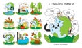 Climate change set. Planet temperature rising and sea level rising due