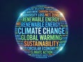 Climate Change and Sustainability Word Cloud Globe Royalty Free Stock Photo