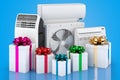 Climate and cooling electric devices with presents, 3D rendering