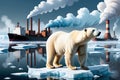 Climate Crisis Chronicles: Illustration of a Polar Bear on a Shrinking Ice Cap in the Middle of the Arctic Ocean, Gazing Toward