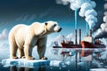 Climate Crisis Chronicles: Illustration of a Polar Bear on a Shrinking Ice Cap in the Middle of the Arctic Ocean, Gazing Toward