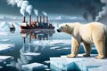 Climate Crisis Chronicles: Illustration of a Polar Bear on a Shrinking Ice Cap in the Middle of the Arctic Ocean, Gazing Toward