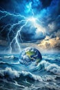 Climate crisis. thunder and lightning clouds. high wavy sea and earth globe in sea.