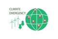 Climate Emergency Declaration Vector. Environmental issues, signing a petition. Wind farms, renewable energy, green trees, geoloca