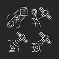 Climate monitoring satellites chalk white icons set on dark background Royalty Free Stock Photo