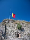 Climb, ruin, fort, poienari, old, poenari, banner, national, pole, symbol, waving, fluttering, cliff, impaled, rural, tourism, med Royalty Free Stock Photo