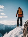 Climber admiring snow-capped mountain peaks