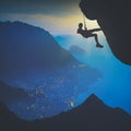 Climber against sunrise above the city. Instagram stylisation Royalty Free Stock Photo