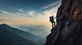 Climber Ascending a Mountain at Sunrise with Stunning Background