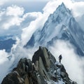 Climber ascending a rocky ridge with majestic snowy peaks and clouds Royalty Free Stock Photo