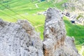 Climber ascending Sass Pordoi mountain massif, Dolomites Alps, Italy Royalty Free Stock Photo