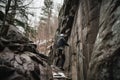 climber ascending vertical wall, with ropes and gear visible