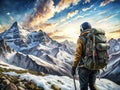 A Climber with a Backpack Standing on a Mountain Peak at Sunset Royalty Free Stock Photo