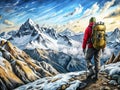 A Climber with a Backpack Standing on a Mountain Peak at Sunset Royalty Free Stock Photo